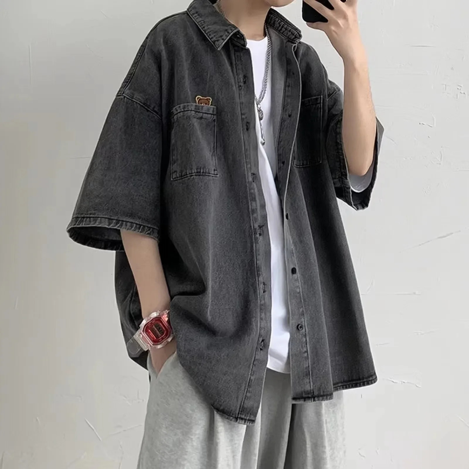 Vintage Loose Short Sleeve Mens Denim Shirt Summer Trendy Outerwear Japanese Style Casual Fashion Square Collar Male Top 260623banjia