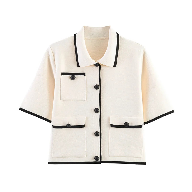 Womens Coat 2026 Summer White ShortSleeve ColorContrast Decor SocialiteStyle Knit Elegant and Fashionable 260623