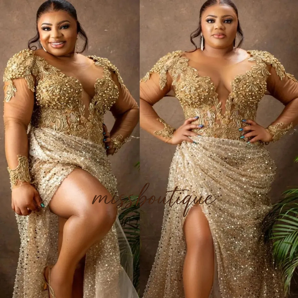 Designer Gold Mermaid Prom Dresses Lace Pearls Sequined High Split Evening Gowns Plus Size Robe De Soiree Mariee Luxe 0209 Q624