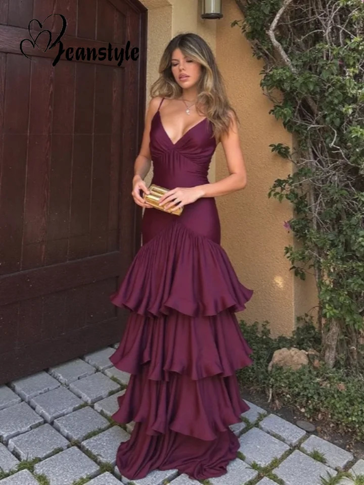 Sexy Solid Ruffles Sling Dress Women Sleeveless Backless Empire V-neck Long Party Dresses Female Spring Chic Lady A-line Robes 260623