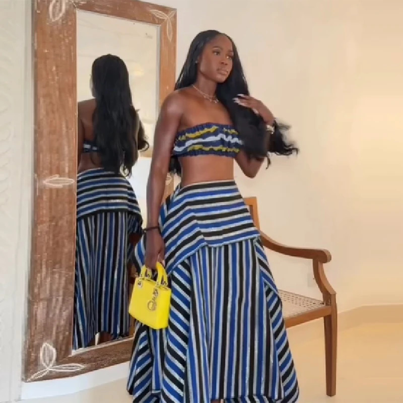 Bohemian Blue Striped Twopiece Set Strapless Ruffled Crop Top Tiered Maxi Skirt Women Summer Beach Vacation Chic Outfit 260624
