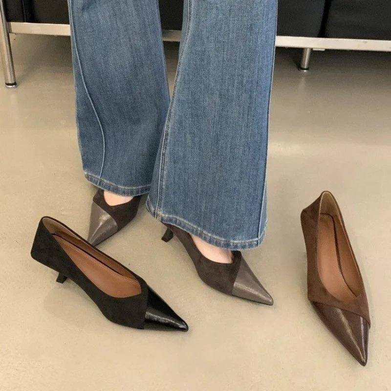 Comfortable Pointed Toe Low Heel Single Shoes for Women Soft Velvet Upgraded Brown Color Korean Style Mid Heel Summer Shoes 260624
