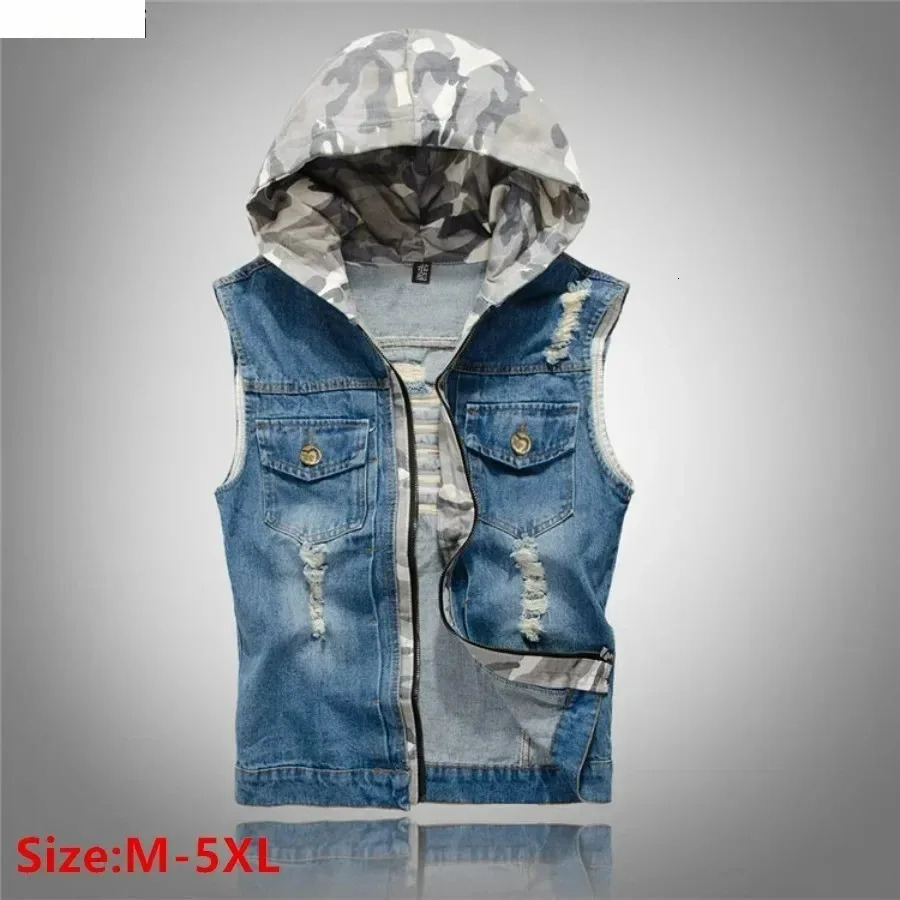 Mens Korean Style Vest Fashion Slim Camouflage Hooded Waistcoat Casual Sport Denim Vest Sleeveless Jackets for Men 5XL 260623