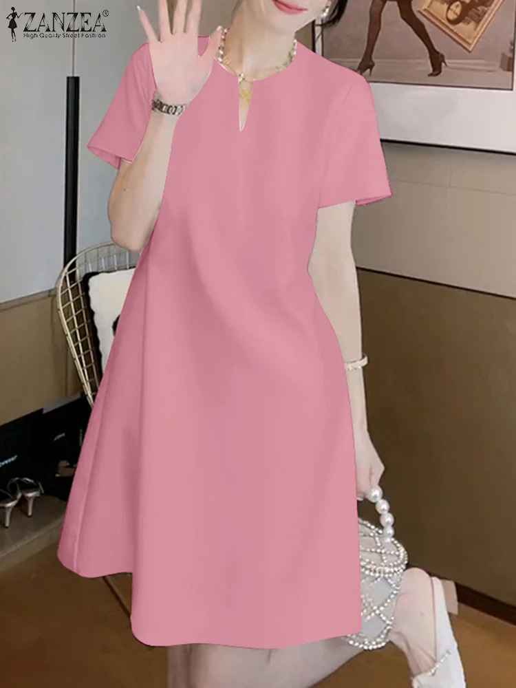 Elegant Party Dress ZANZEA 2025 Women Summer V Neck Short Sleeve Sundress Casual Solid A Line OL Work Vestidos Kneelength Robe 260624