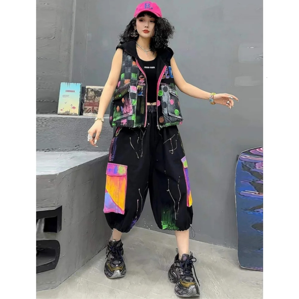 Trendy Painted Denim Zipper Vest Cropped Cargo Pants Two-piece Set 2026 Summer Fashion Outfit Women ZF2035 260623