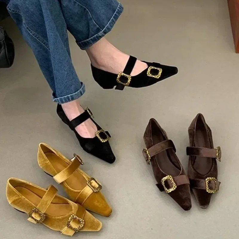 Womens Retro Elegant Pointed Low-top Shoes Spring and Autumn Fashion Metal Buckle Decoration Low-heeled High-heeled Shoes 260624