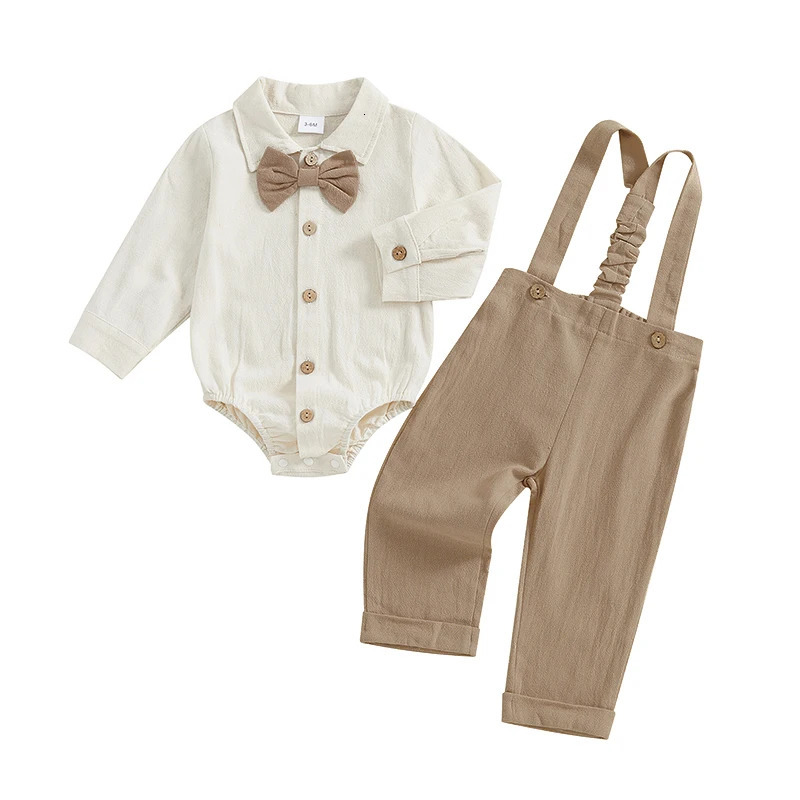 Baby Boys 2PCS Outfit Sets Long Sleeve Lapel Button Up Romper Solid Color Suspender Pants Sets260624