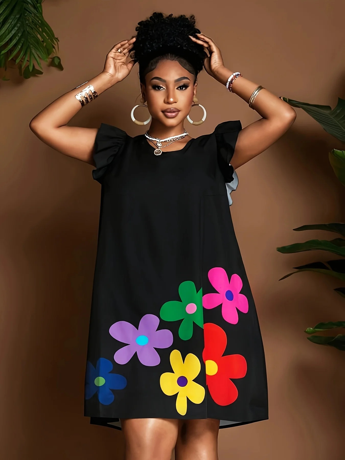 Holiday plus size womens round neck wide sleeved summer floral positioning print loose Alist dress 260624