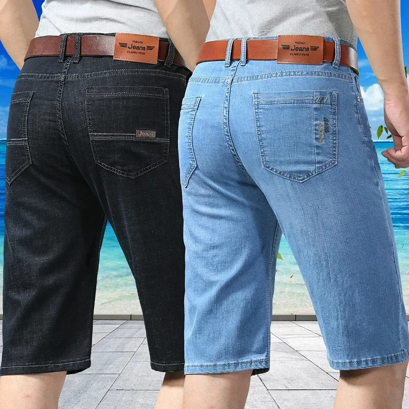 Summer Mens Denim Shorts Fashion Light Color Casual Loose Multi-pocket Straight Five-minute Pants Elastic Knee Shorts 260624