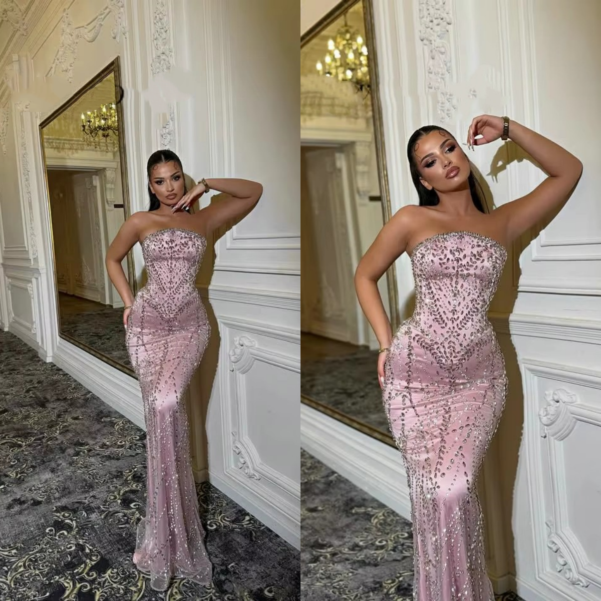 Sparkly Evening Dresses For Women Strapless Sleeveless Gown Rhinestone Crystal Sweep Train Dress Party Customized vestidos de novia