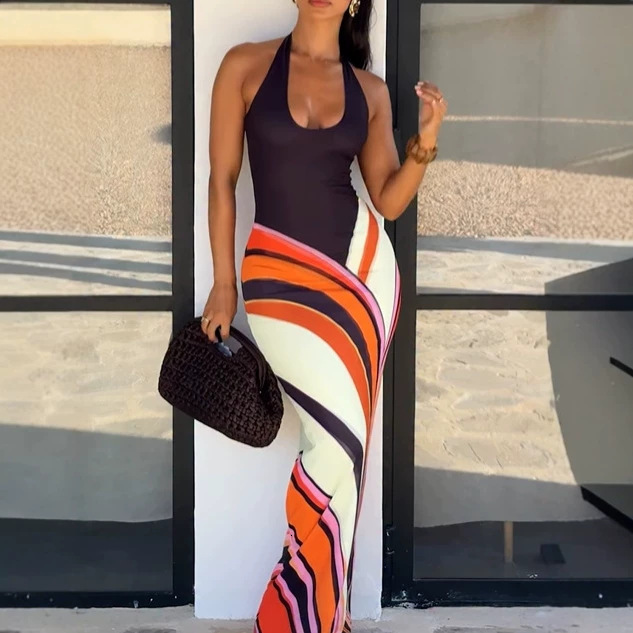 Womens Fashion Sexy Printed Bodycon Dress Halter Neck V-Neck Contrast Color Dress