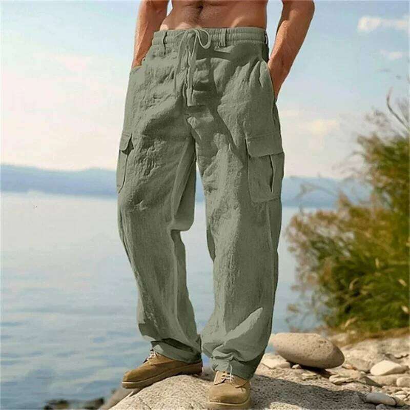 Men's Casual Trousers Loose Comfortable cargo pants Man Cotton Linen multi-pocket Straight trousers Beach thin men Pants W260624