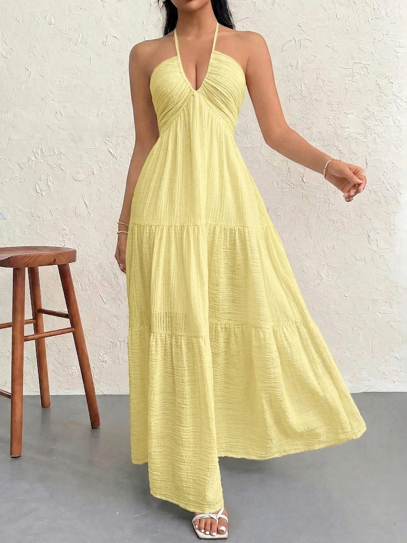 Womens Yellow Halter Neck Maxi Dress Backless Bow Tie Crinkled Tiered Sleeveless Boho Sundress Spring Summer Beach Outfit 260617