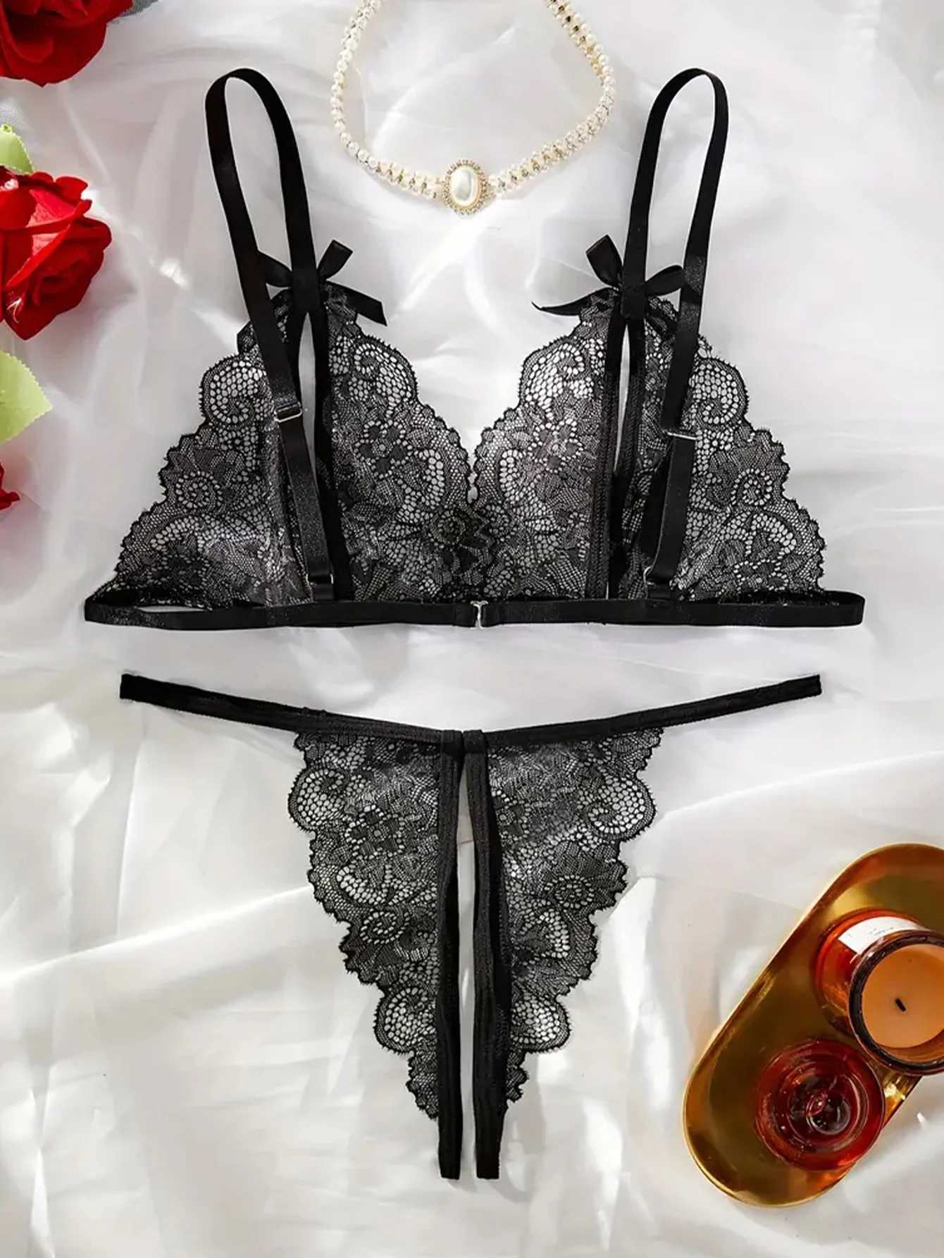 Lace Floral Bra Set Bow Intimates Bra And Thongs Sets Outfit Womens Underwear D260623