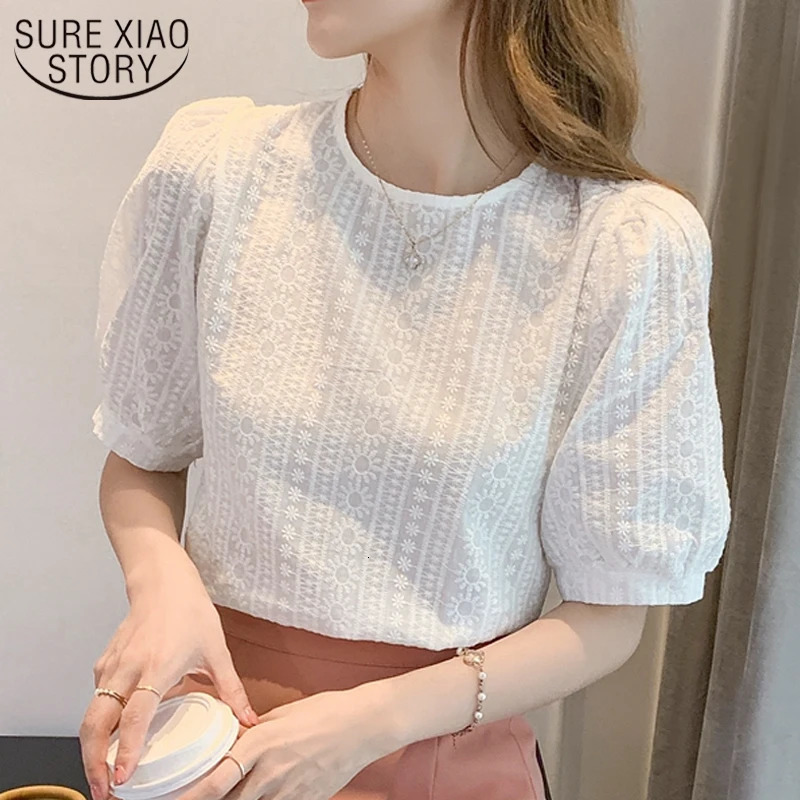 Korean Embroidery Floral Blouse Women Summer Sweet Loose Lace Shirt Womens Short Sleeve O Neck Casual White Tops 15217 260623