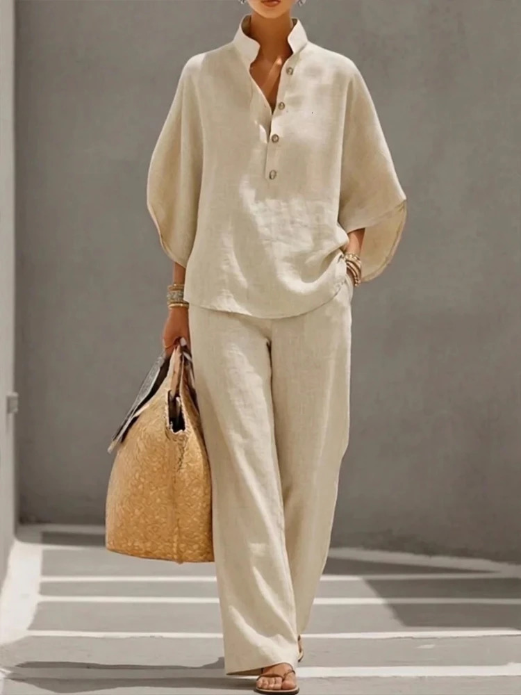 2026 Summer Fashion Womens Cotton and Hemp Two Piece Set Single Breasted Half Open Sleeved Top Pants Commuter 260623