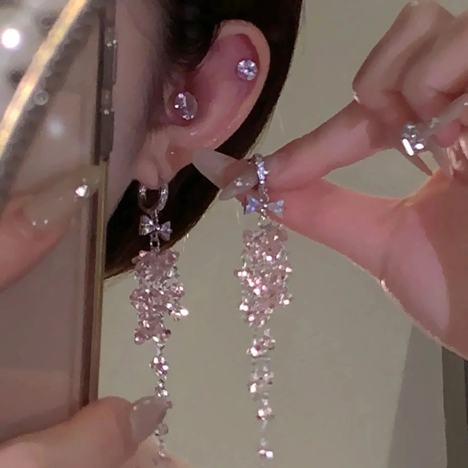 Romantic Pink Crystal Long Tassel Earrings for Women Exquisite Zircon Bow Hoop Earrings Bride Wedding Party Jewelry Gifts260624