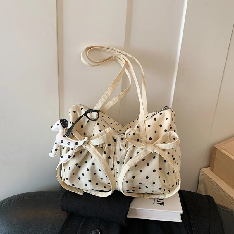 Fashion Polka Dot Tote Bag Women Bow n Large Capacity Folding Shoulder Pillow Korean Cute Style Ins Handbag 260623