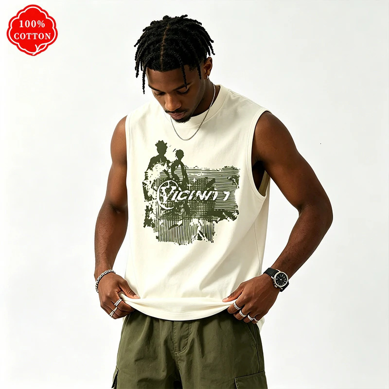 Mens 100 cotton sleeveless vest with Y2K retro pattern print for summer breathable and loose round-neck sleeveless top-H11 260623