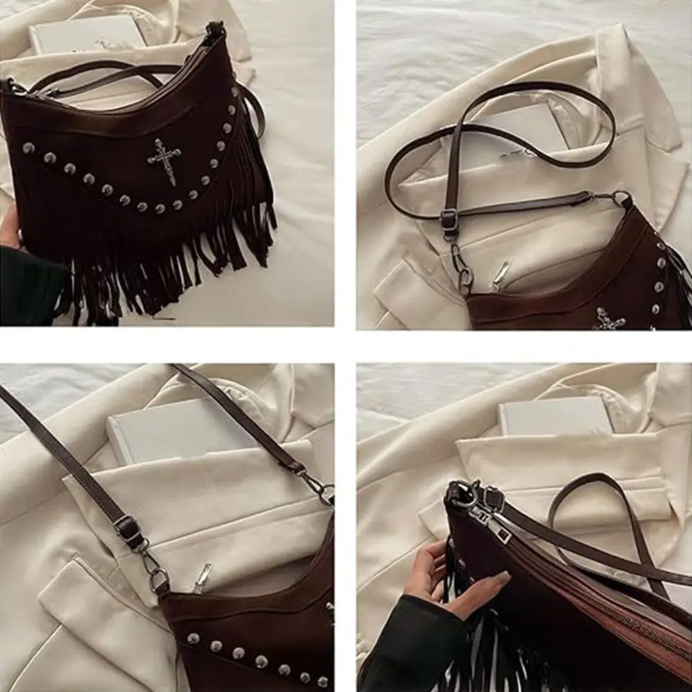 Borsa a tracolla retrò in pelle scamosciata Y2K con borchie e frange, borsa vintage con croce, borsa western Alt grande, hobo, punk sotto le ascelle