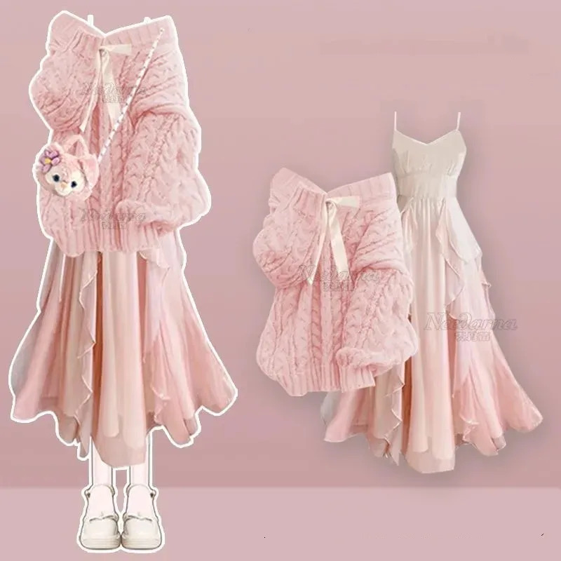 2026 AutumnWinter Korean Elegant In Dress Matching Set Womens Fashion Knitted SweaterSexy Strap Skirt Two Piece Suit 260623