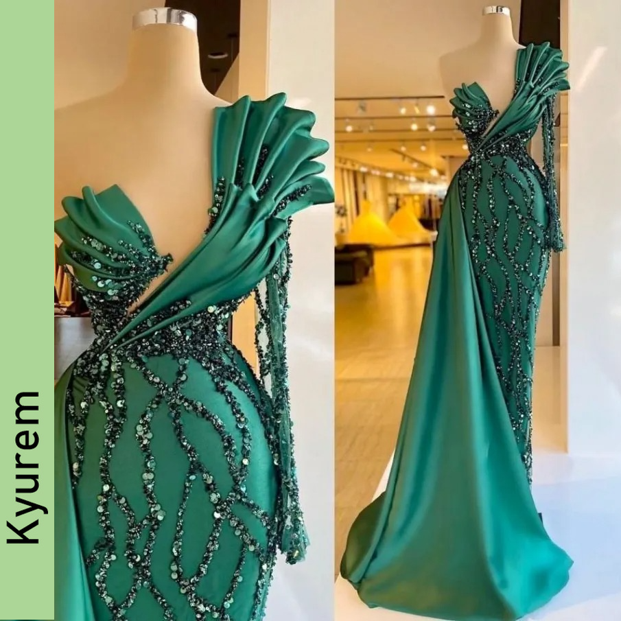 Prom Dresses Green Mermaid One Shoulder Sequins Party Dresses Ruffles Glitter Celebrity Custom Made Evening Dress Masquerade