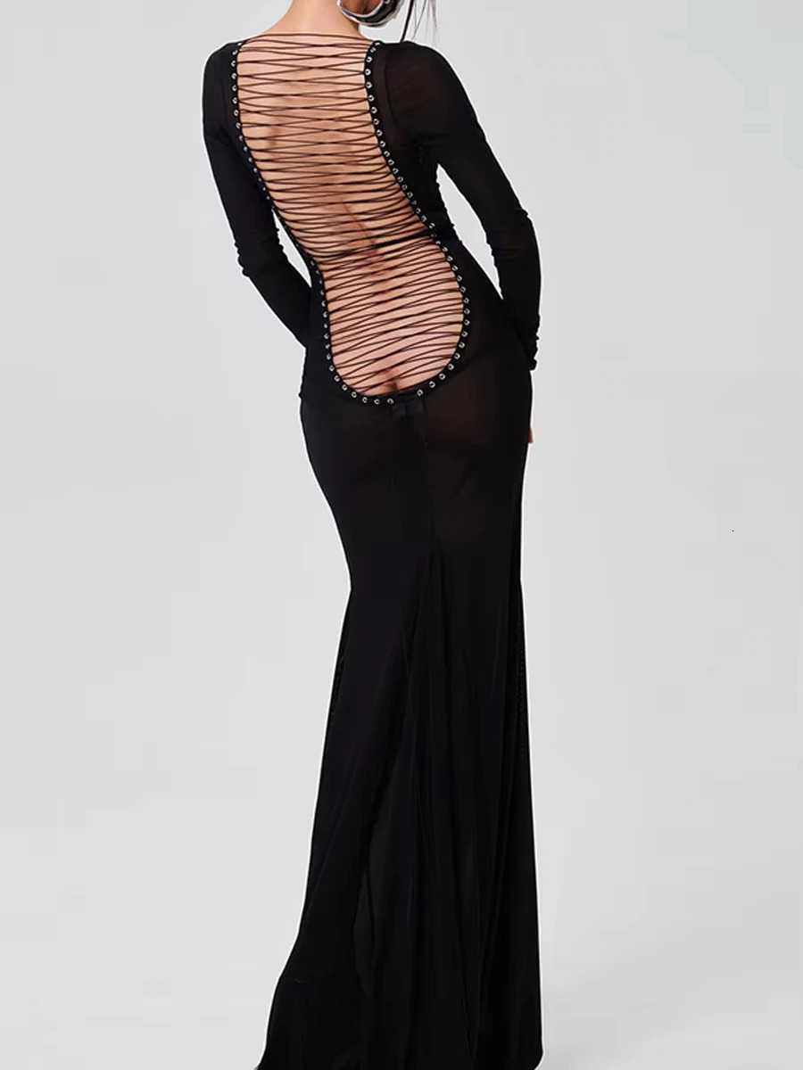 Black Long Sleeve Transparent Lace Dress for Women Sexy Floor-length Evening Dress Slim Party Club Dresses Red Christmas Dress 260623