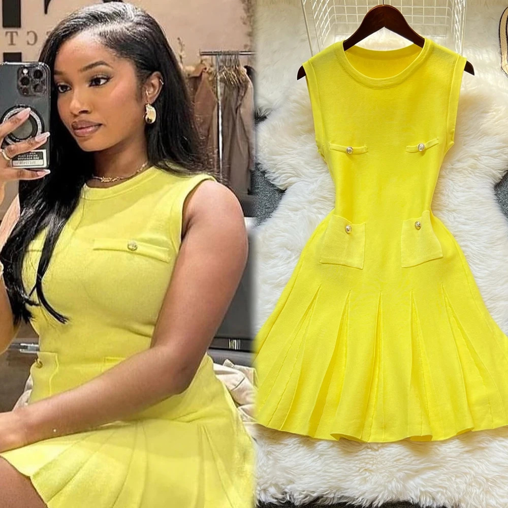 YuooMuoo Chic Fashion 2026 Summer Pleated Short Dress Women Oneck Slim Waist Aline Party Streetwear Lady Outfits Vestido 260623