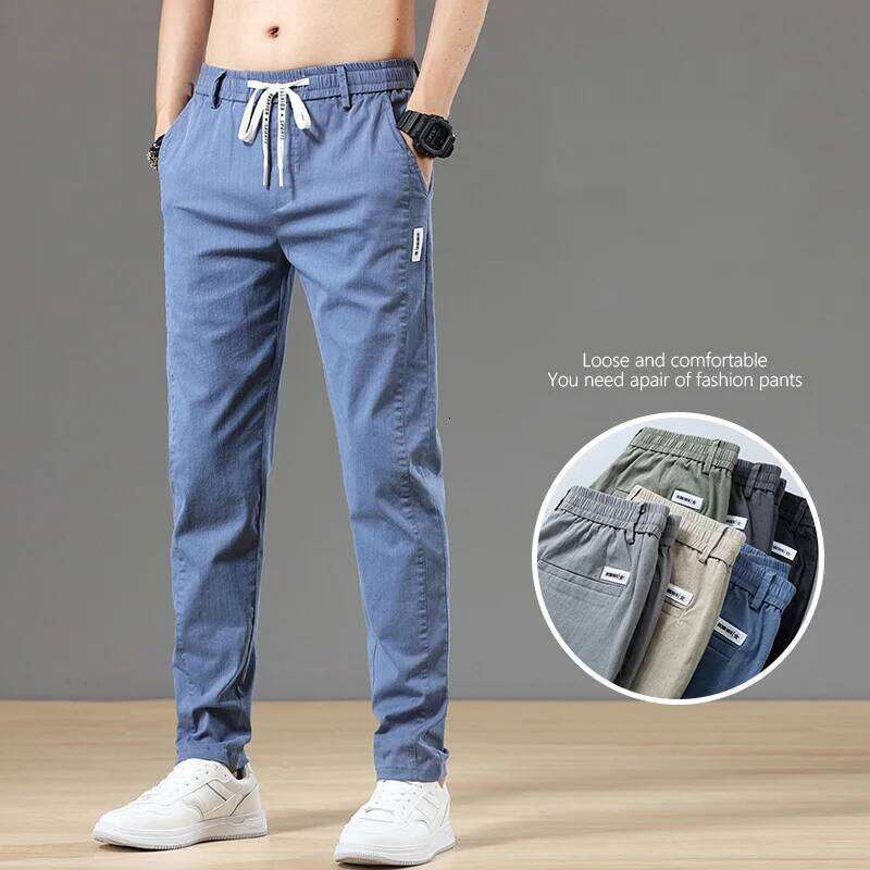 6 Colour Summer Men's Classic Cotton Solid Color Business Casual Pants Elastic Waist Korean Fashion Men Clothing 28-38 W260624