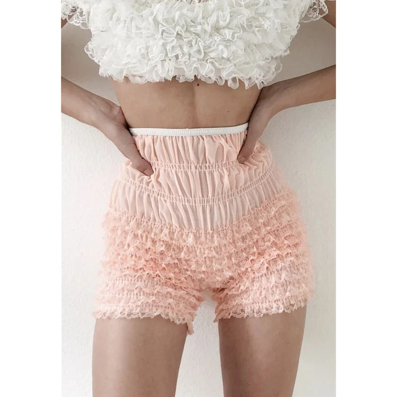 Lamuusaa Ruffle Shorts y2k Coquette Clothes Women Elastic High Waist Lace Trim Pants Trousers 2000s Clothing Loungewear 260623