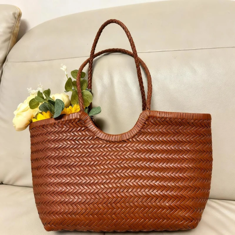 Handwoven Tote Bag French Genuine Leather Large Vegetable Basket With Woven Inner Pocket Shoulder Underarm 260624