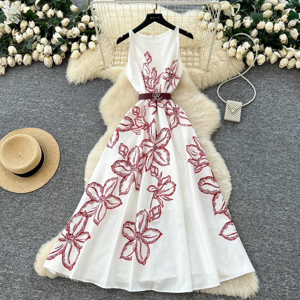 French retro temperament elegant women's dress 2026 spring high sense strap waist sleeveless printed dress
