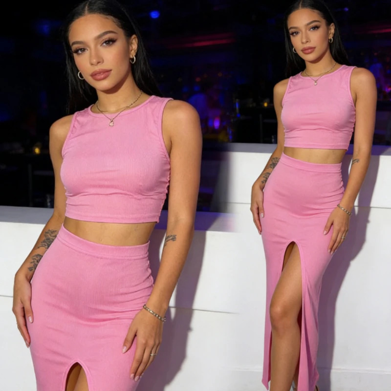 2026 Summer Sexy Sleeveless Tank Top and Slim Fit Skirt Chic Elegant Twopiece Set High Waist Solid Color Nightclub Suit 260623