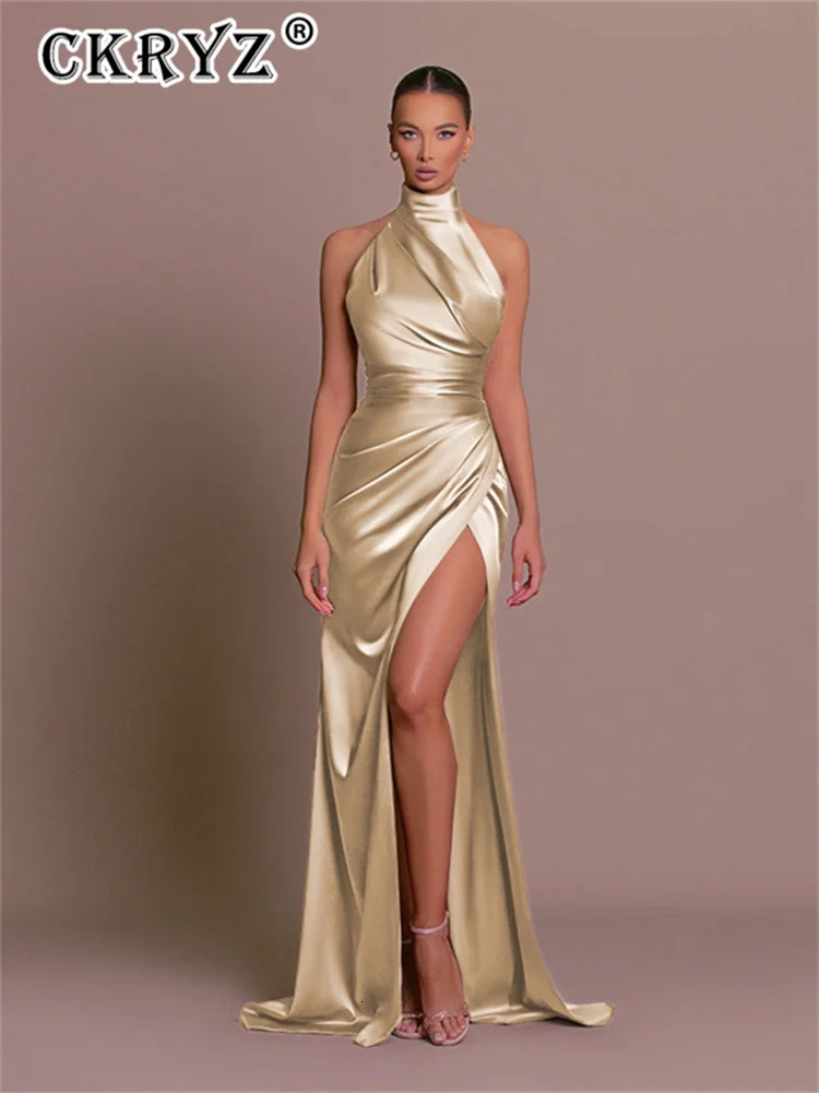 Ladies Summer Satin Evening Birthday Party Dresses Women Sleeveless Backless Halter Side Slit Elegant Long Dress Mowan Clothes 260624