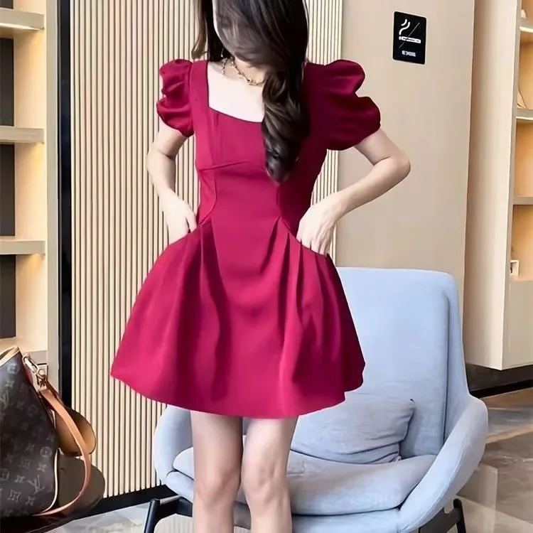 Summer Pure Desire Sweet Spicy Belly Covering Dress Womens French n Square Collar Bubble Sleeve Short A- Line Skirt 260623