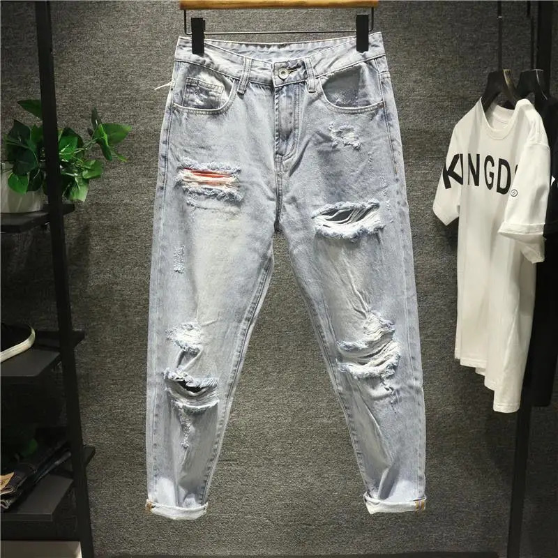 MENs Casual Denim Jeans Loosefit with Ripped Patches and Frayed Hems for Spring Autumn Washed Harem Cotton Trousers Male 260618