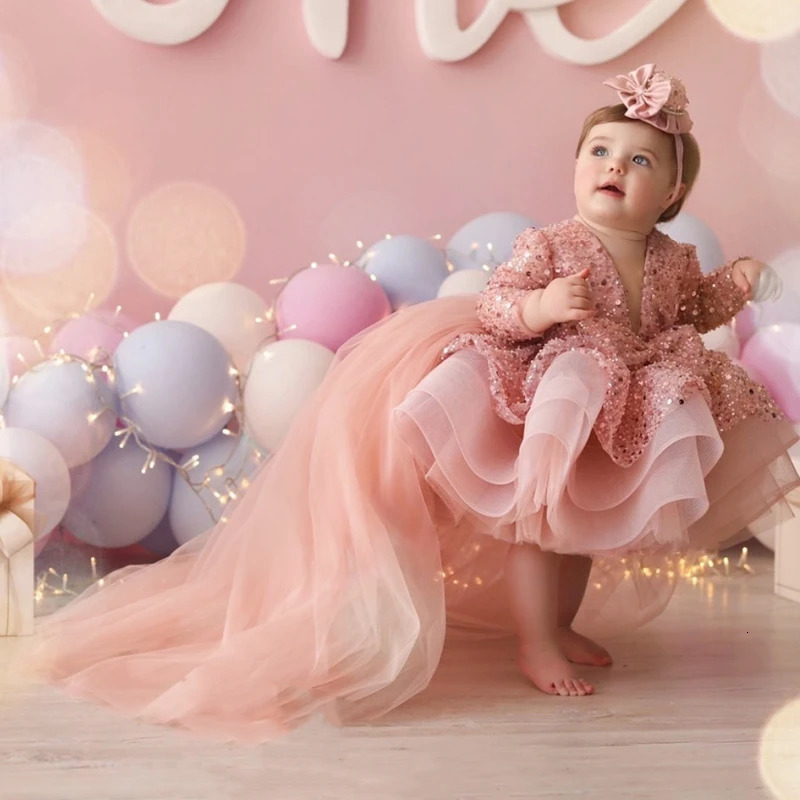 Customized Flower Girl Dresses Cute Pink Glitter Sequined Shiny Puffy Organza With Bow Fit Wedding Party Princess Ball Gowns 260623