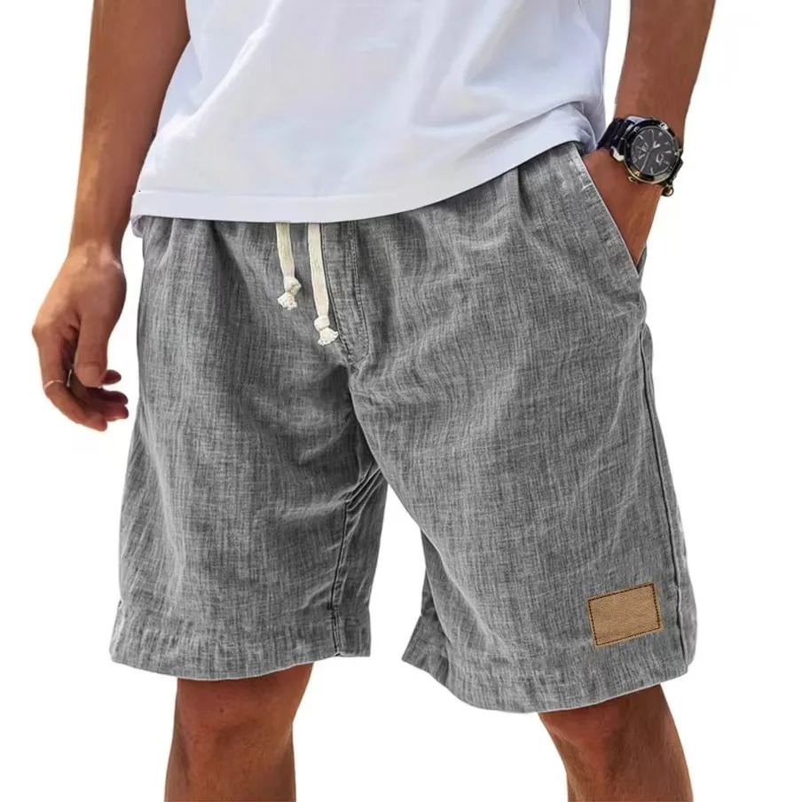 Summer Men Sweatpants Casual Linen Shorts Fashion Mens Beach Pants Short Trousers Solid Color Label Sportswear Men 260624