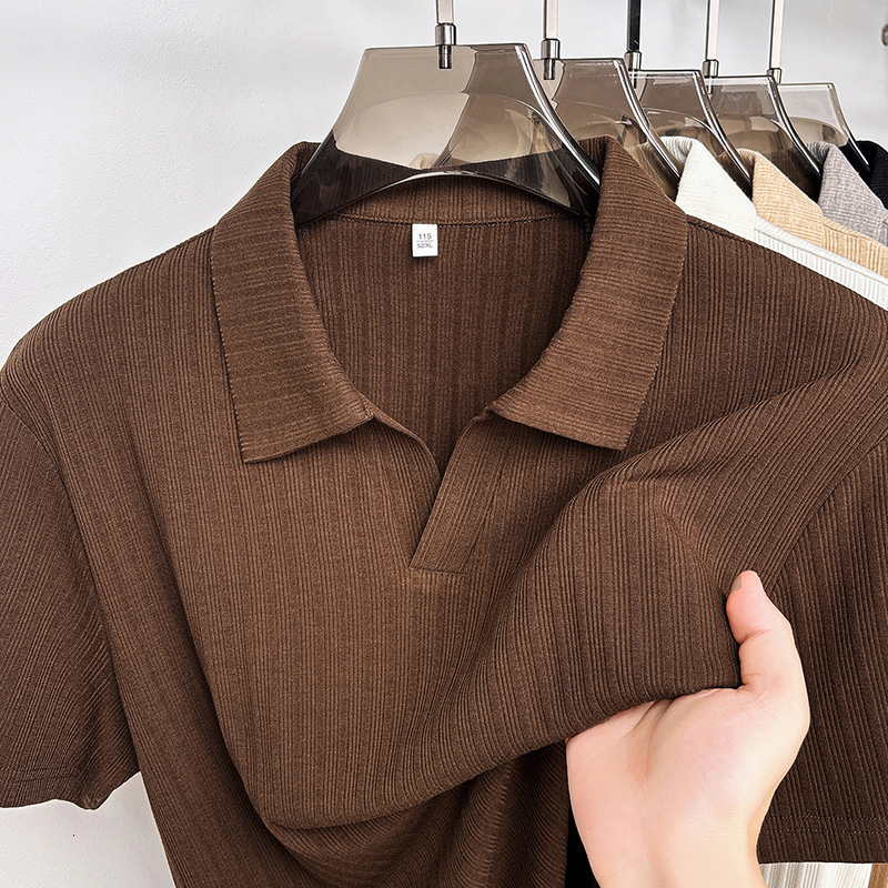 Luxury Fashion Designer Clothes Old Money Style Scissor V-Neck Thin Knit Short Sleeve Polo Shirt, Men's Casual Loose Solid Color T-Shirt For Su