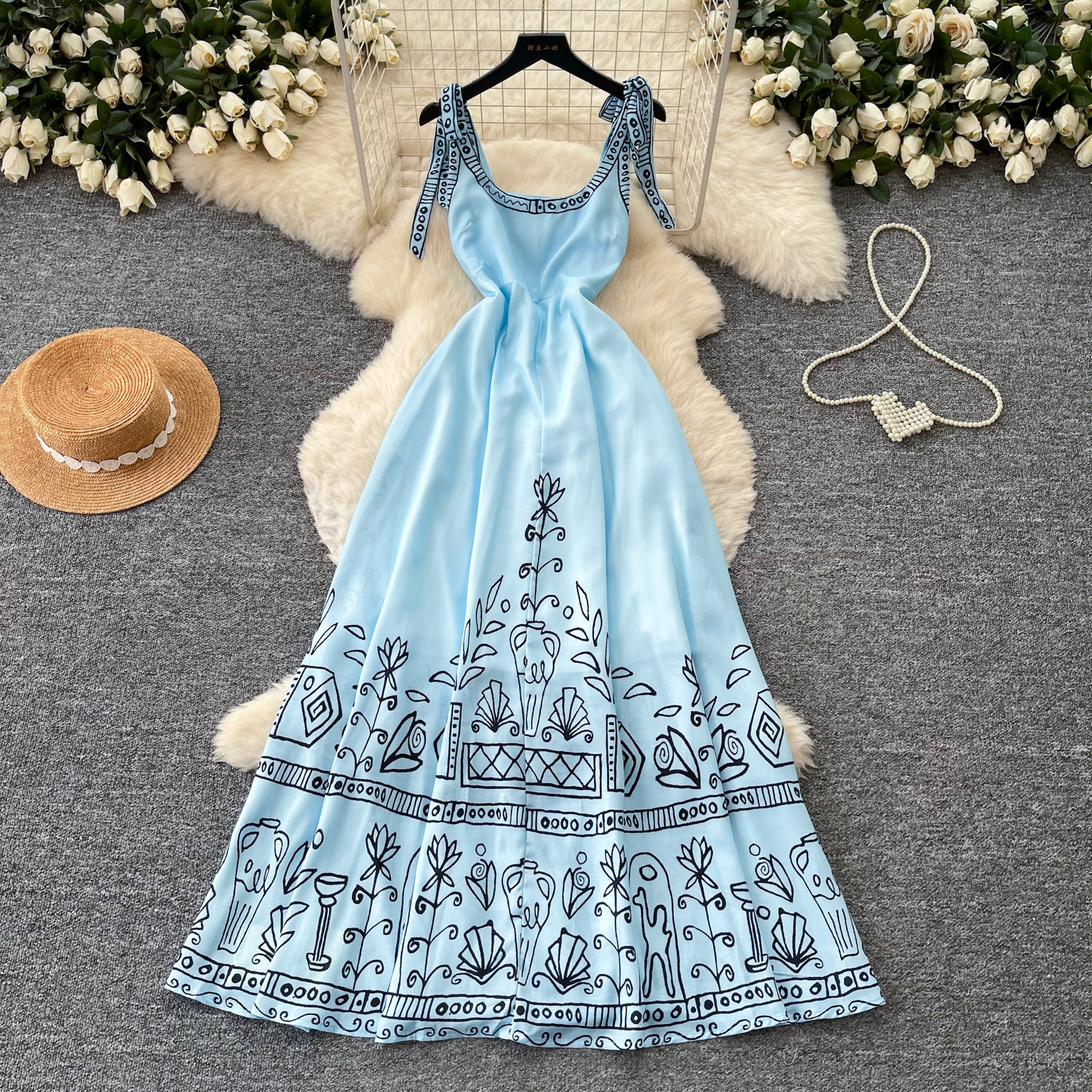 Korean version of printing graffiti style versatile dress women's summer sleeveless high waist thin big swing dress holiday style