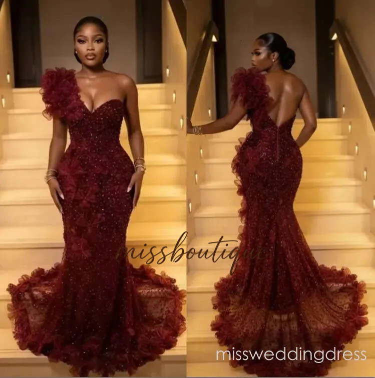 Elegant Burgundy Prom Dresses For Black Girls 2026 Luxury One Shoulder Mermaid Sequins Beads Formal Evening Gala Dress Customized M01bc22049 Q624