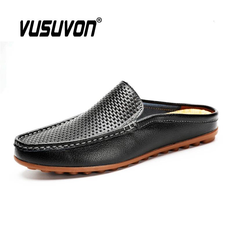 Italian Men Slippers Genuine Leather Loafers Moccasins Outdoor Non-slip Black Casual Slides Summer Spring Fashion Shoes 260624