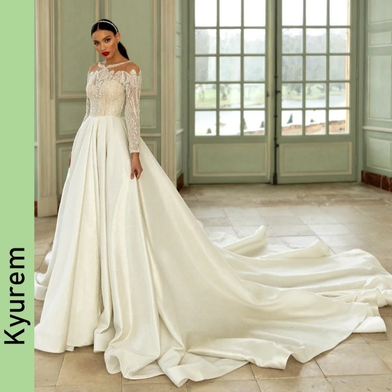 Elegant Sequin Lace Wedding Dresses Sheer Bateau Neck A-Line Beaded Long Sleeves Bridal Gowns Sweep Train Satin Robe De Mariee Vestidos De Novia