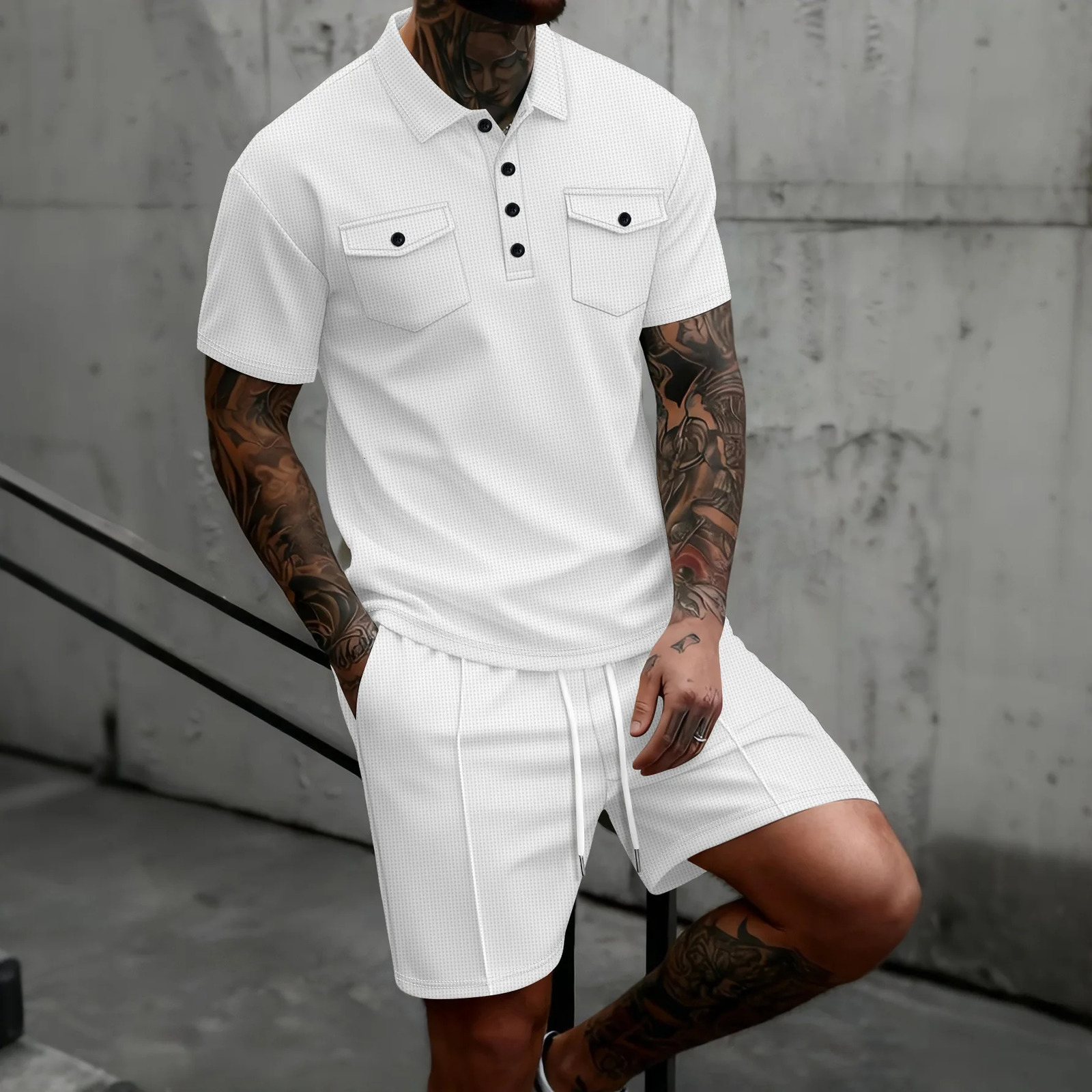 mens waffle knit polo shirt and waisthugging shorts set doublepocket shortsleeved summer fashion 260624