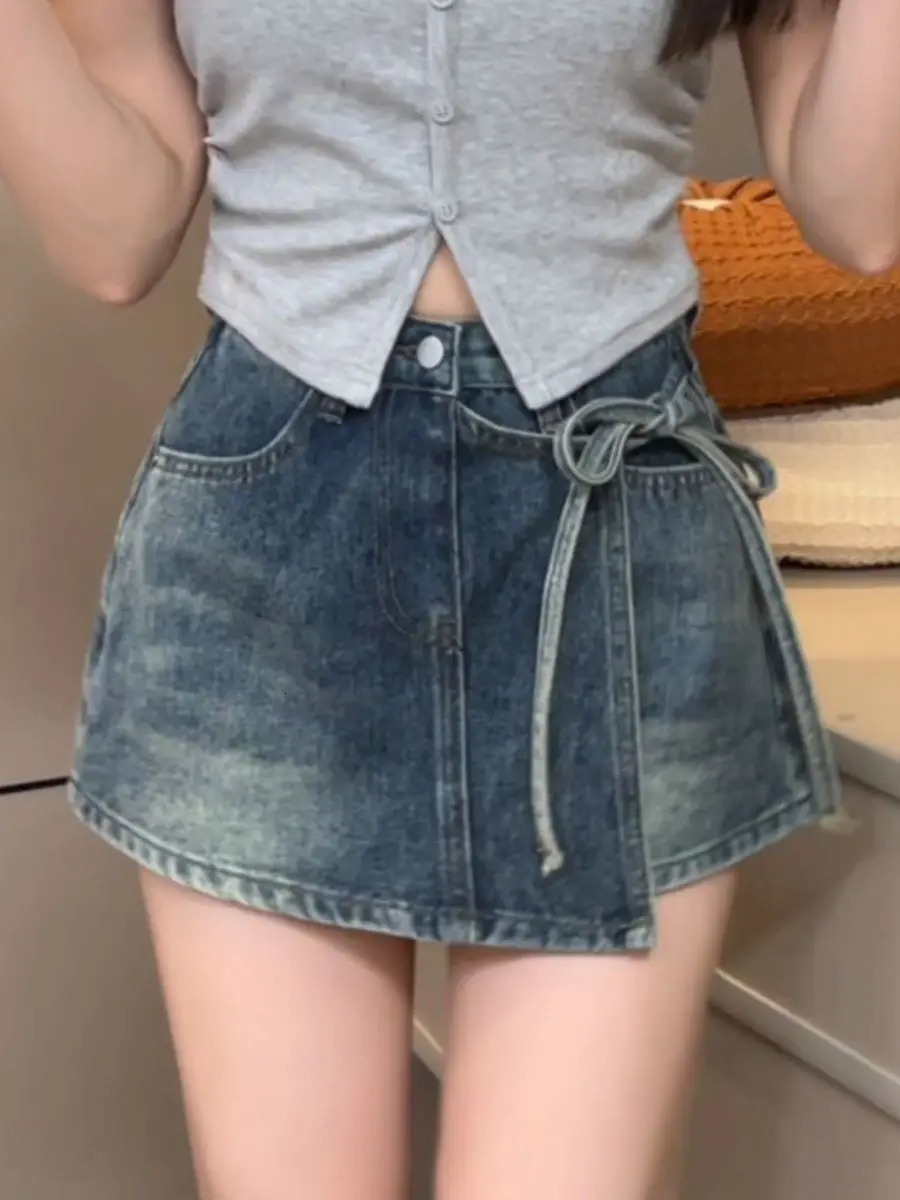 Womens Vintage Washed Denim Mini Skort High Waist Tie Detail Wrap Skirt Casual Y2k Streetwear ALine with Pocket 2026 260617