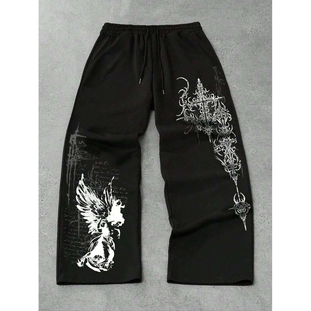 Men's and Women's Y2K Gothic Angel Print Wide Leg Sports Wear Hip-hop Casual Drawstring Pants Harajuku Street Style W260624