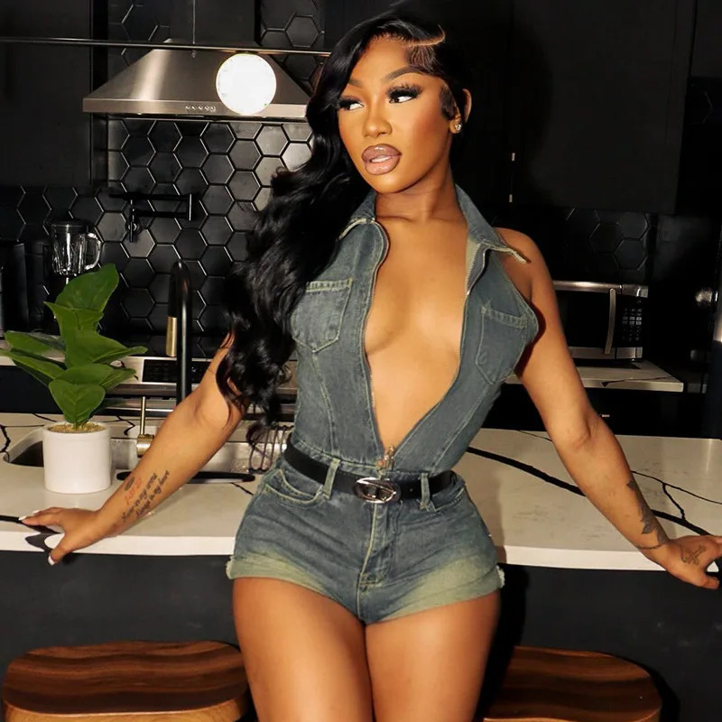 Sexy Blue Lapel Deep V Zipper Jumpsuit For Women Sleeveless Backless High Waist Hemmed Shorts Leisure Party Club Denim Jumpsuit 260623