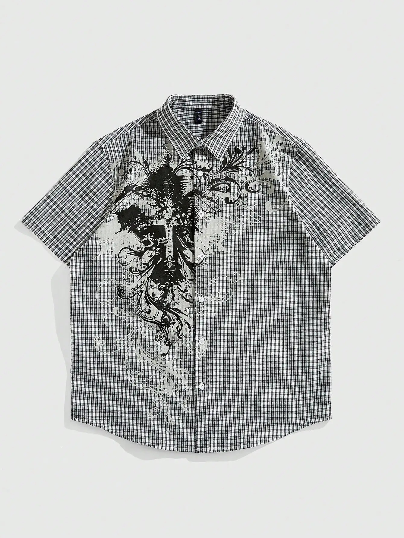 Y2K Grunge Punk Mens Street Summer Plaid Cross Print Short Sleeve Single-Breasted Casual Shirt 260617