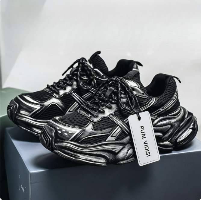 Casual Shoes Free Shipping Men Distressed Chunky Sneakers Black Silver Mesh Spliced Thick Sole Casual Dad Shoes Street Footwear D261019