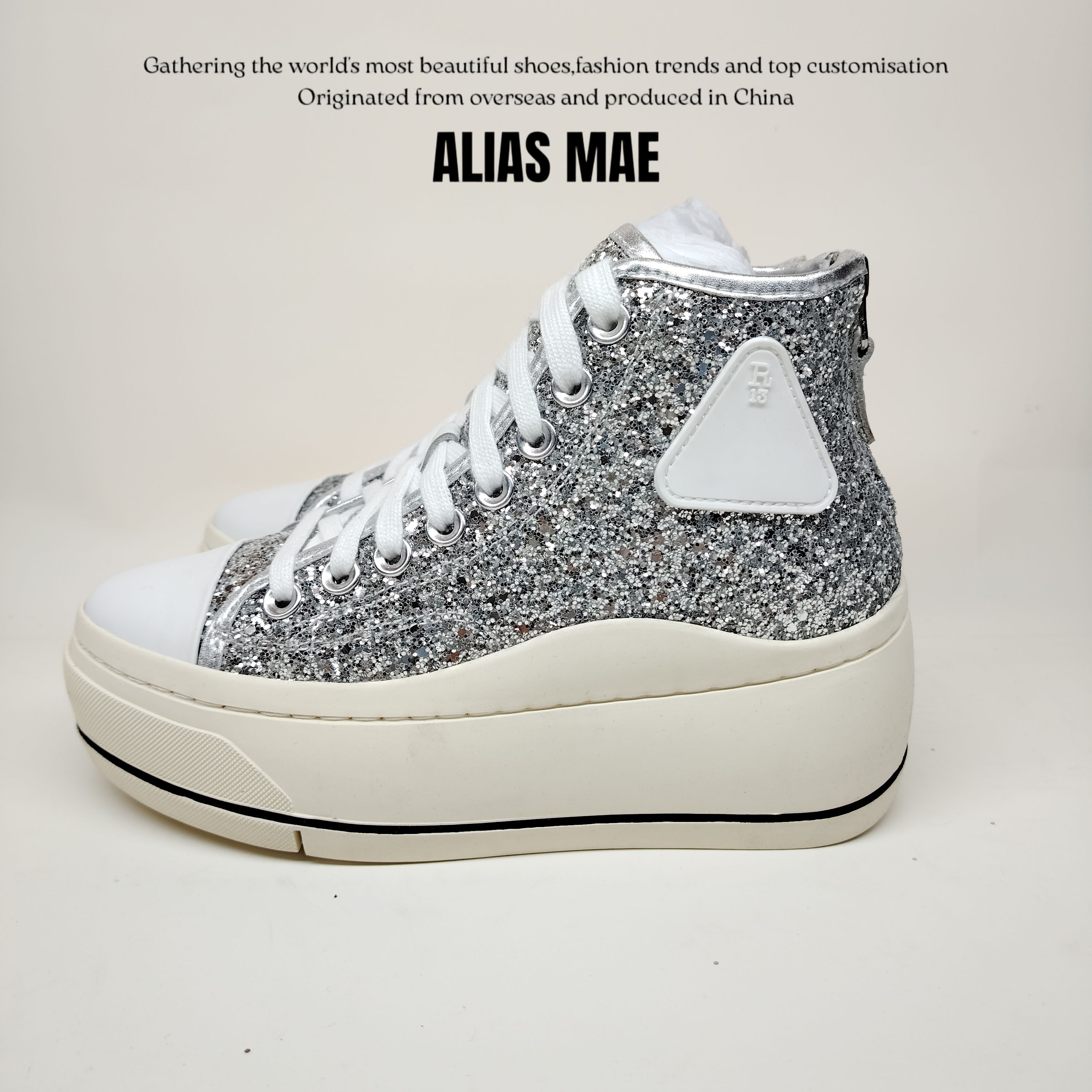 ALIASMAE Glitter Fabric Women's Casual High-Top Shoes Thick Platform Height-Increasing Lace-Up Versatile European and American Style